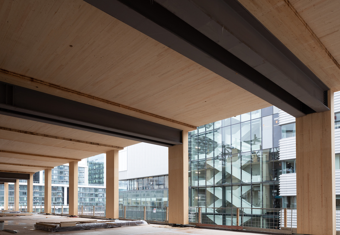 Check out these photos of the Limberlost Place construction site at <a href="/GBCollege/">George Brown College</a> taken on Jan 30th. Since then, timber structure is up to L6, steel framing for the internal feature stair is in place, and both the east + west solar chimneys are beginning to take shape! #mtarch
