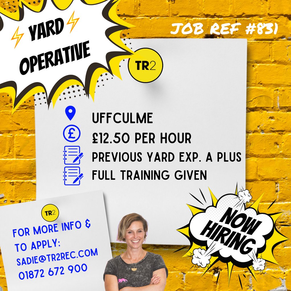 💥 NOW HIRING 💥 
📢 YARD OPERATIVE 📢

🚨 Immediate interview slots available! 🚨 

👀 Caught your attention? Give Sadie a buzz!

E: Sadie@tr2rec.com
T: 01872 672900
 
#TR2Recruitment #JobOpportunity #NowHiring #jobs #uffculme #uffculmejobs #yardoperative #yardwork