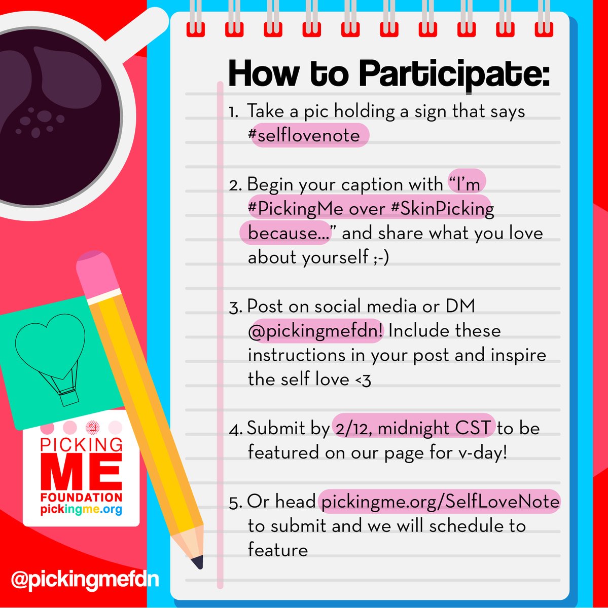 PickingMeFdn's tweet photo. π π #selflovenote π π
I'm #PickingMe over Skin Picking because IΒ loveΒ how true I am to myself!
~ Caitlin, New York
~
What's your favorite thing you do for yourself?
~
#PickingMe over #SkinPicking https://t.co/QTxboaSKnd