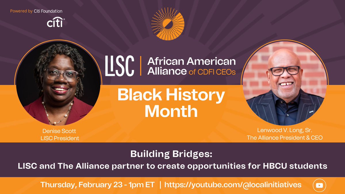 Local Initiatives Support Corporation (LISC) (@lisc_hq) on Twitter photo This #BHM, we’re happy to announce a new partnership with <a href="/aaacdfi/">aaacdfi</a> to offer #HBCU students internships, powered by <a href="/Citi/">Citi</a> Foundation. Learn how we’re joining forces to create a more diverse #commdev industry. Join us 2/23 at 1 pm ET here: youtube.com/@localinitiati… This #BHM, we’re happy to announce a new partnership with <a href="/aaacdfi/">aaacdfi</a> to offer #HBCU students internships, powered by <a href="/Citi/">Citi</a> Foundation. Learn how we’re joining forces to create a more diverse #commdev industry. Join us 2/23 at 1 pm ET here: youtube.com/@localinitiati…