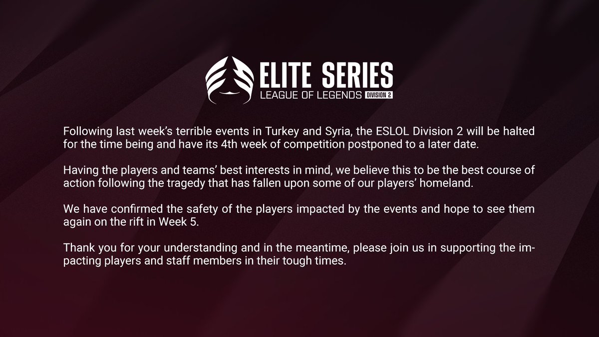 Update: #ESLOL Division 2.
Our thoughts to all impacted by the tragedy.
🖤<a href="/Leks_lol/">Leks</a> <a href="/Batuuulol/">Batuuu</a> <a href="/mecrenas/">C.S.T</a> <a href="/allezsama/">Taha Mete</a> <a href="/Nucleusiron/">ibrahim</a>