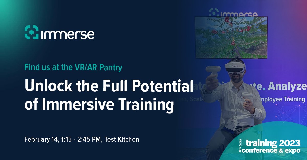 Interested in incorporating immersive technology into your business, but want to test it first? We'll be showcasing the Immerse Platform plus some of the best VR training apps in the Test Kitchen today! Don't miss! lnkd.in/eUVGp4xm

#VR #XR #AR #TrainingConf