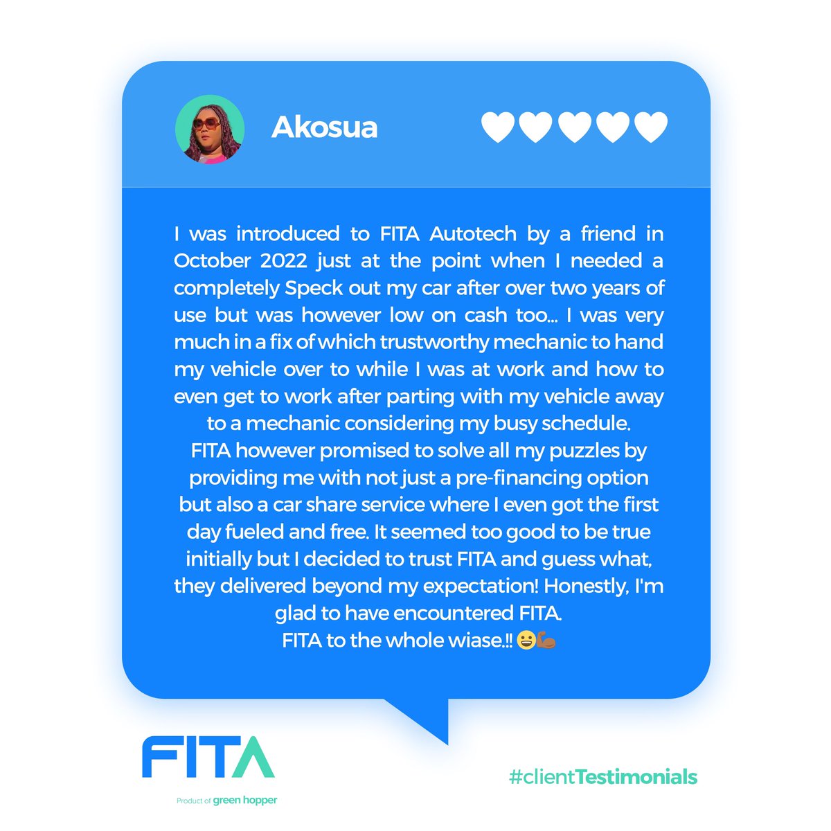 fitaautotech's tweet photo. FITA loves to appreciate their clients!

We appreciate our client Akosua , a well enthused client who shares her experience with our product and services:
Take a sneak peak at our last slide
#ValentinesDay #love #emobility #clientappreciation https://t.co/R42x0G2Szi