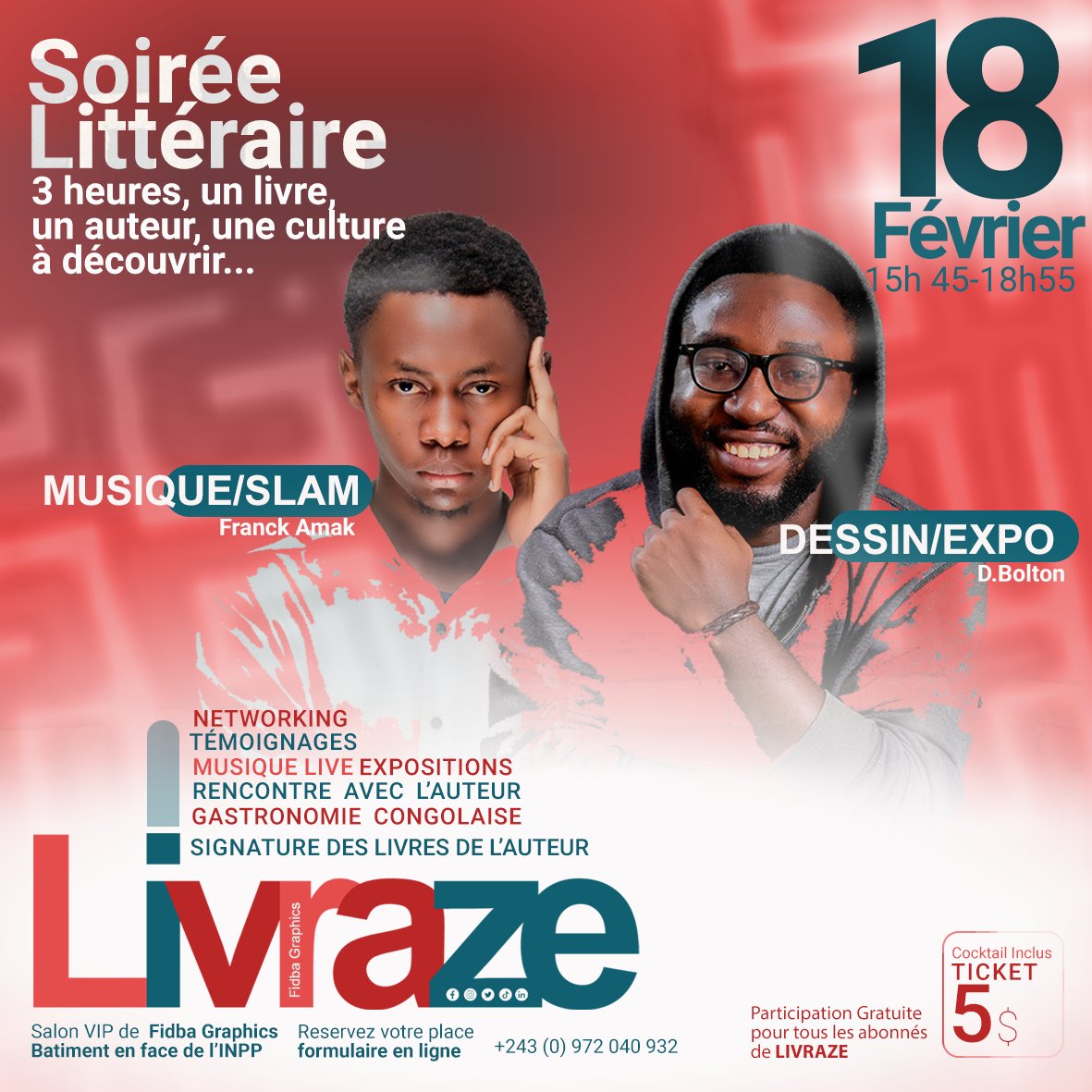 livrazee's tweet photo. En plus de l'échange avec le Dr Yves Daniel N'GAVAN autour de son livre CRÉER SON ENTREPRISE SANS ARGENT, nous serons ce samedi 18 Février en compagnie de 2 grands artistes ;

Nous vous laissons le plaisir de les découvrir 😇
👇🏻👇🏻👇🏻👇🏻👇🏻👇🏻
https://t.co/fw9nFmLQ2I
#livraze https://t.co/0khndwXaLf