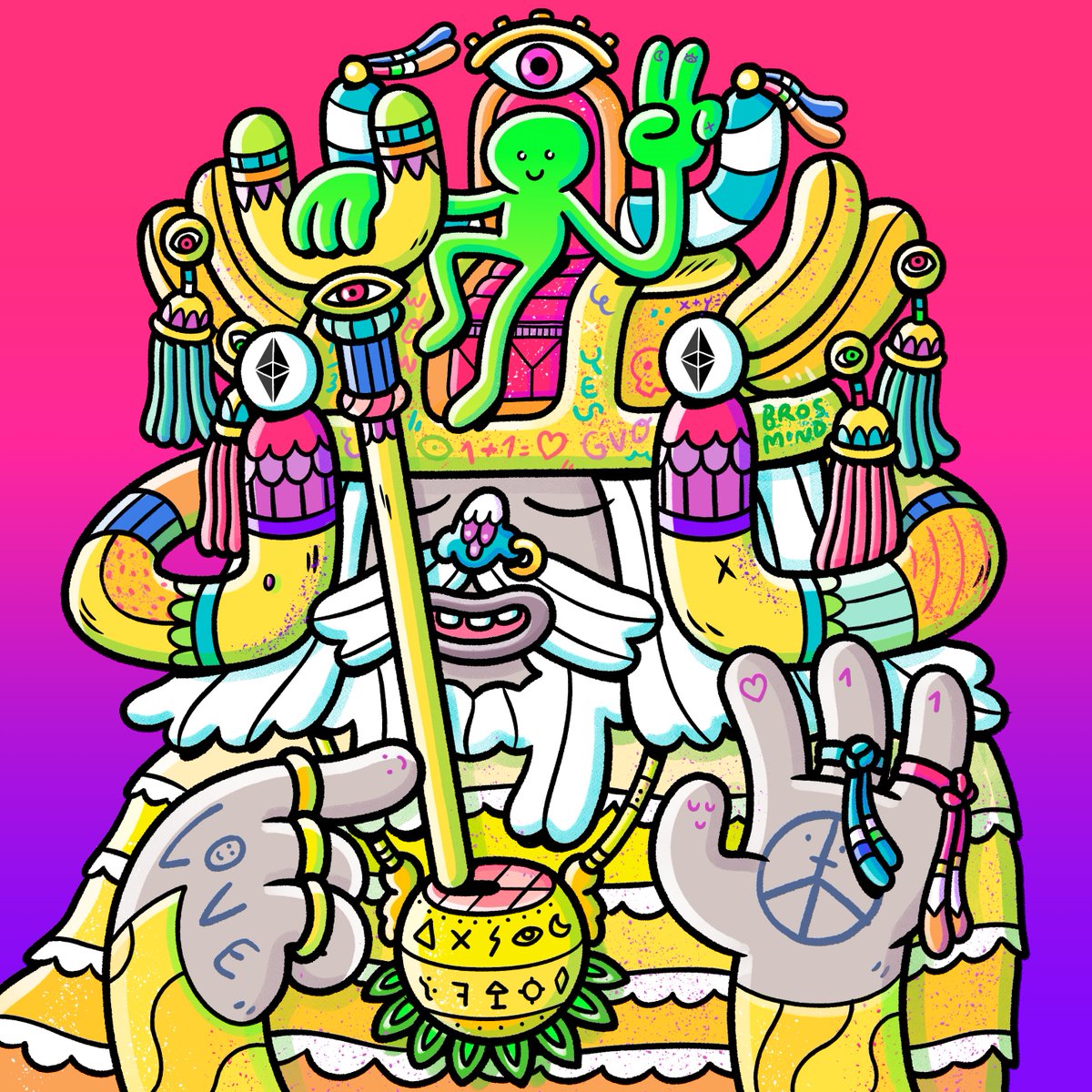 SHAMAKEEPER 1/1 Lore ☮️

Chosen by Shamanizer as the one he can trust the most, a highly regarded virtue in the Shamaverse. 

His judgement &amp; intent are always pure and free of bad vibes. The little green fella knows he will be by his side whatever happens.