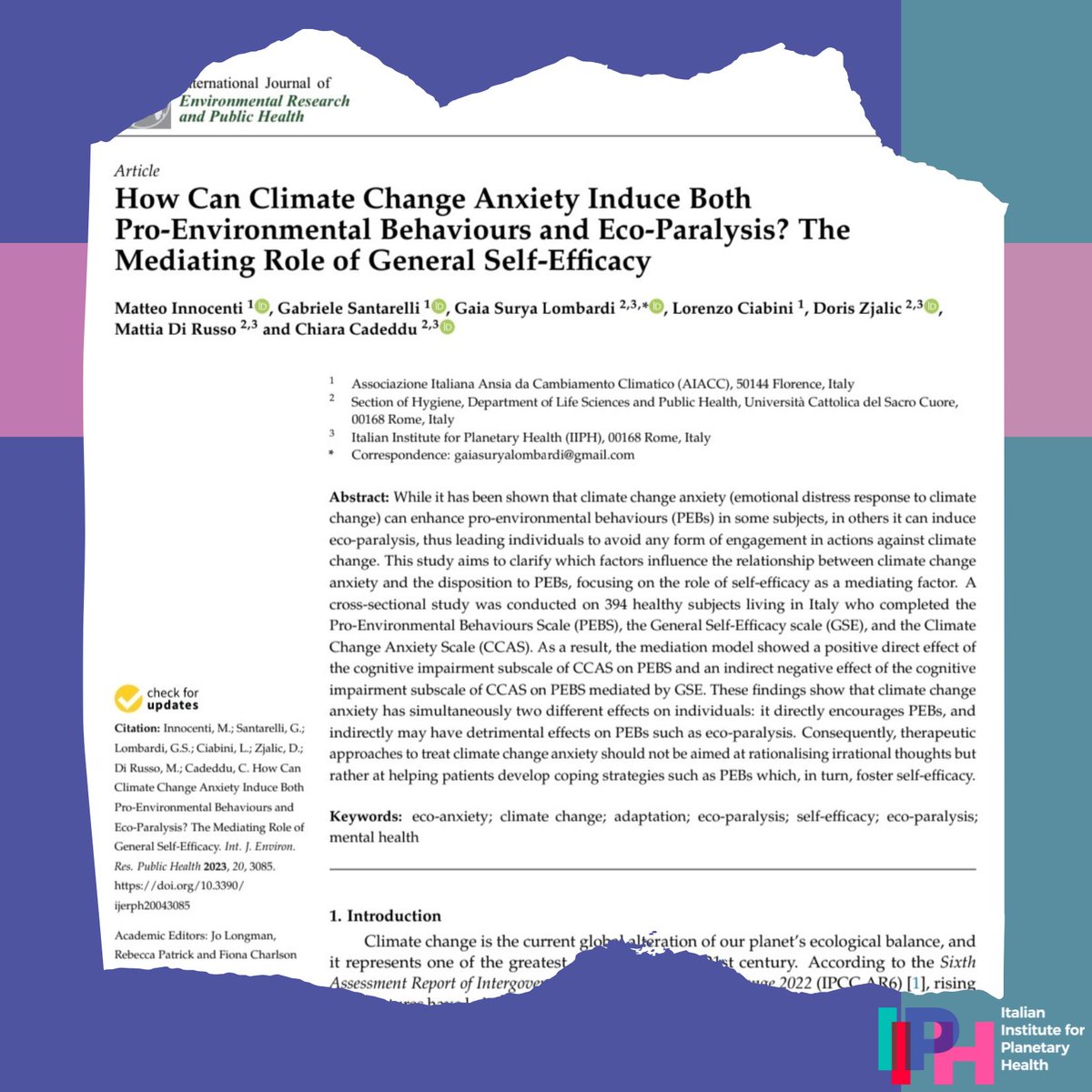 ii4ph's tweet photo. In uno studio uscito recentemente sull’International Journal of Enviromental Research and Public Health, assieme ai colleghi di Aiacc, ci siamo chiesti in che modo l'ansia da #cambiamentoclimatico può indurre sia comportamenti pro-ambientali che eco-paralisi. https://t.co/WcpkGaZZv0