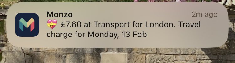 LyndseysView's tweet photo. @monzo the 💝 emoji for v day charges seems frankly unnecessary, can’t lie https://t.co/2x0ghZoLpF
