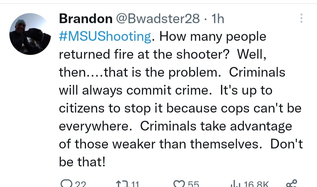 GoshenBLB's tweet photo. Don't do this people! NEVER shoot into a crowd. If you don't have the training of a police officer, you have no right to act as a police officer. This is insanity. #MSUShooting https://t.co/fDy45UAVQO