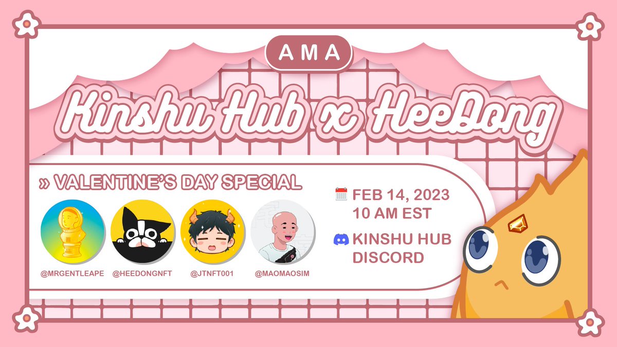 The season of LOVE is here! 🥰

<a href="/Kinshu_Hub/">Kinshu Hub 🔱</a> x @HeeDongNFT Valentine’s Day Special AMA will be happening at 10AM EST! (4 hours time)

1 x discord invite will be raffled out on this post before the AMA so you can spend your Valentine’s Day with us! 💕