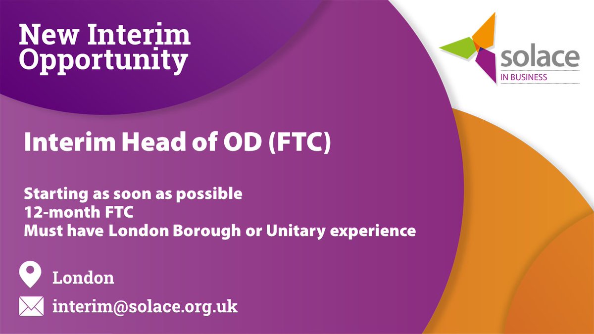 ClaireCleaver3's tweet photo. I am looking for an interim Head of OD for our London Borough client on a 12-month FTC basis.
If you would be interested in hearing further information, please contact: interim@solace.org.uk https://t.co/LbTgDdVjCI