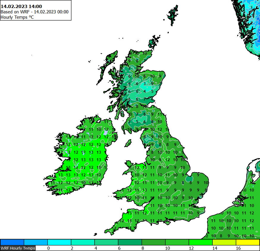 MetraWeatherUK's tweet image. Today may possible become the mildest day of the year so - The lee of high ground over parts of north #Wales and #SWEngland temperatures may 13C or 14C, with a low prob of reaching 15C or 16C.