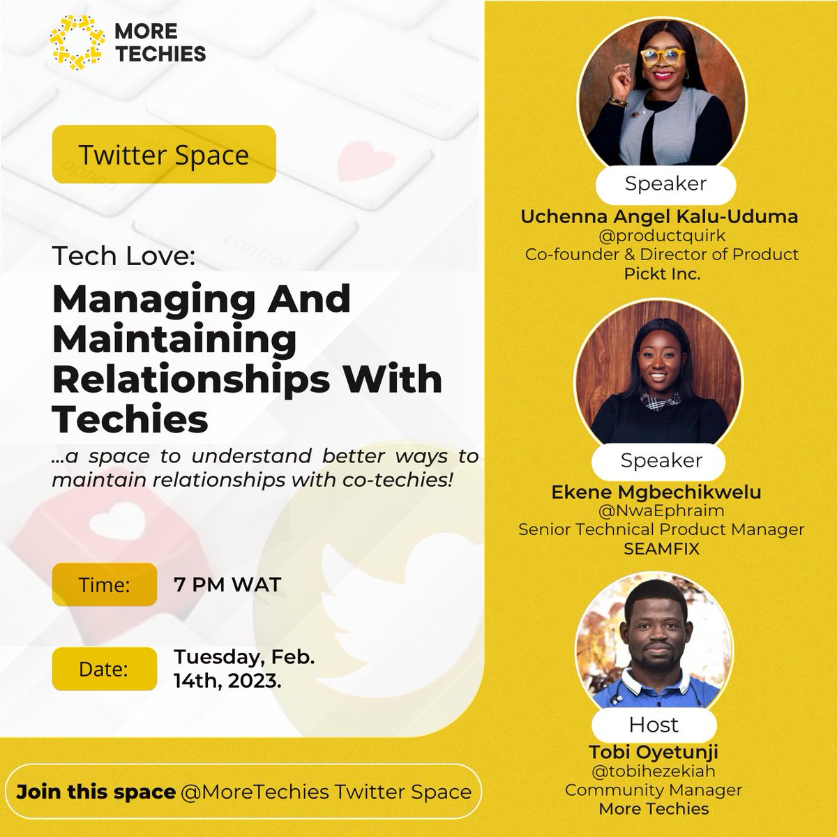 tobihezekiah's tweet photo. I will be hosting these amazing Senior Techies - @NwaEphraim and @productquirk in tonight's space.👌

⏳7 pm⏳ (WAT) https://t.co/K4jn9Oi4do

#tech #love #techlove #relationships #techie #Community #Productmanagers #Softwareengineeers #TechnicalProductManagers #NoCode #coding https://t.co/EXLEN1JPqk