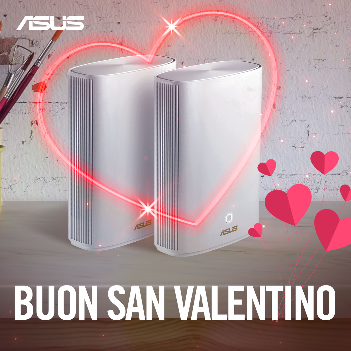 ASUSItalia's tweet photo. Due cuori e una capanna? In questo caso... Due Router e una sola Rete #iMesh!
Amore è anche dare a tutta la famiglia una connessione stabile, veloce e sicura e le soluzioni #ASUS faranno innamorare davvero tutti!
Buon #SanValentino e W l'Amore! https://t.co/MzEdVcYyYx