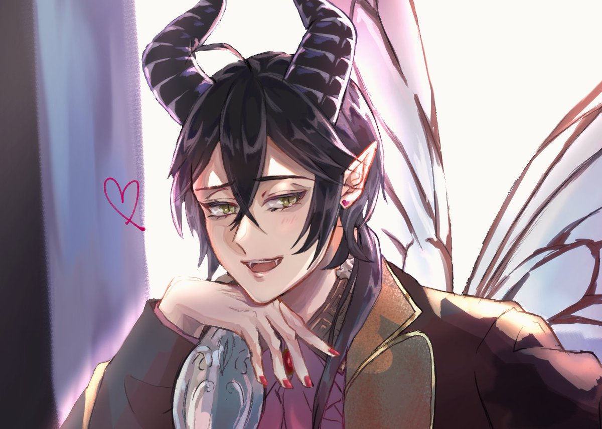 1boy male focus horns pointy ears black hair solo wings  illustration images