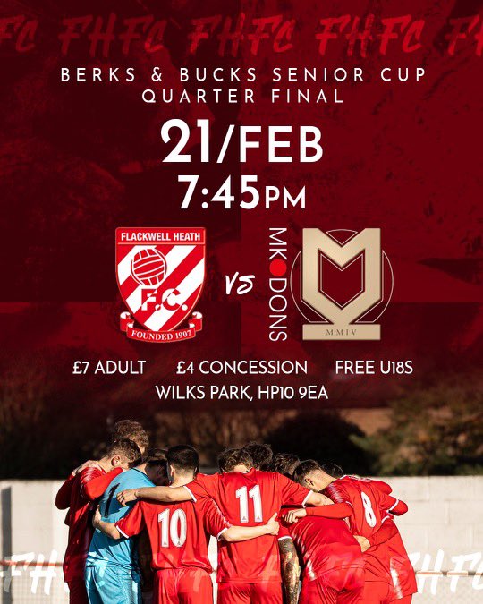 Next Tuesday… 

We welcome <a href="/SkyBetLeagueOne/">Sky Bet League One</a> side <a href="/MKDonsFC/">Milton Keynes Dons</a> in the Quarter Final of the <a href="/BerksandBucksFA/">Berks & Bucks FA</a> Senior Cup 🏆 

🗓️ Tuesday 21st February
⏰ 7.45pm KO
🍺 Bar &amp; Tea-Bar 🍔 
🎟️ Adult £7/Concession £4/U18 FREE
👧🏽 <a href="/FHMFC1967/">FHMFC</a> Mascots 

#Heathens #CupRun #QuarterFinal