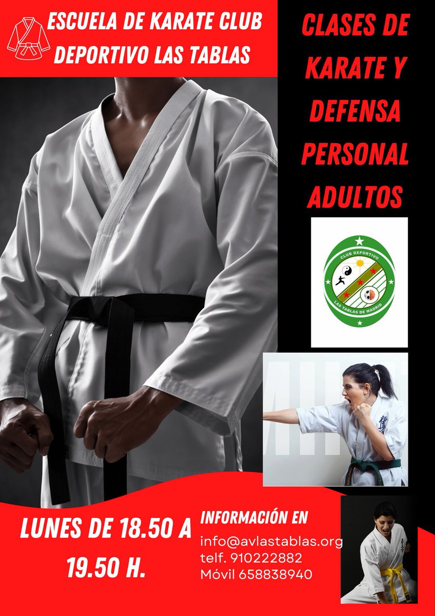 cdlastablas's tweet photo. La Escuela de karate y Defensa personal del Club Deportivo inicia unas nuevas clases de Karate y Defensa Personal para adultos, mujeres y hombres a precios populares. Envía un mail a info@avlastablas.org https://t.co/BQE9nWf4ZZ