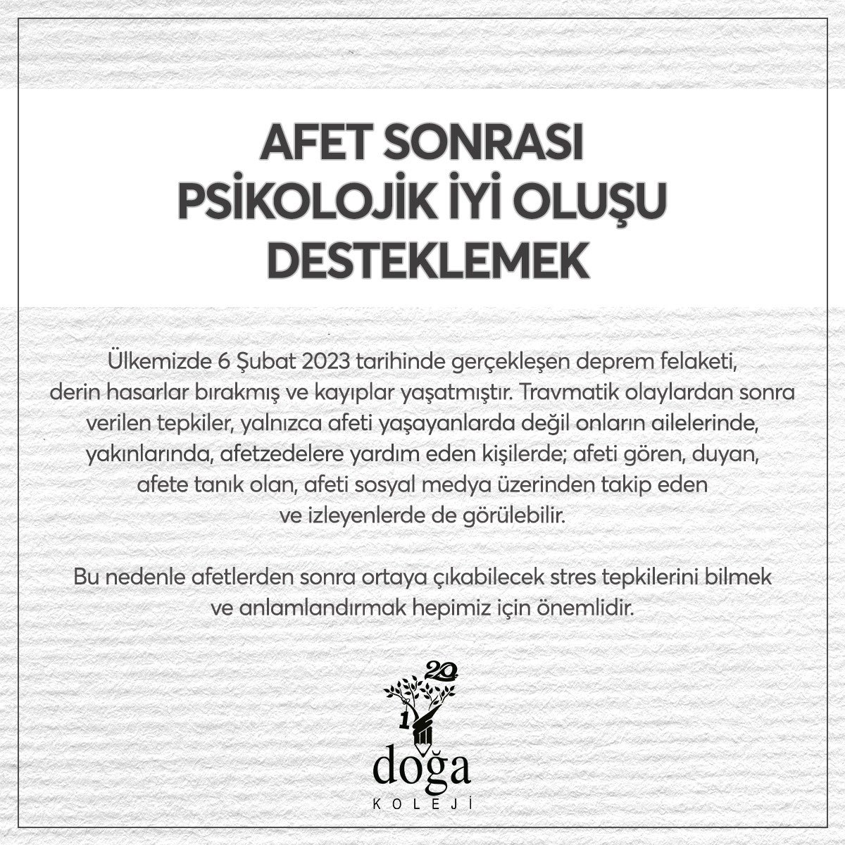 DogaOkullari's tweet photo. Doğa Koleji Rehberlik Bölüm Başkanlarımız ve İstanbul Bilgi Üniversitesi Sağlık Bilimleri Fakültesi Dekanı Prof. Dr. Zeynep Şimşek, Afet Sonrası Çocukların ve Yetişkinlerin Psikolojik İyi Oluşunu Desteklemek için önemli tavsiyelerde bulundu… https://t.co/sk89S88nIS