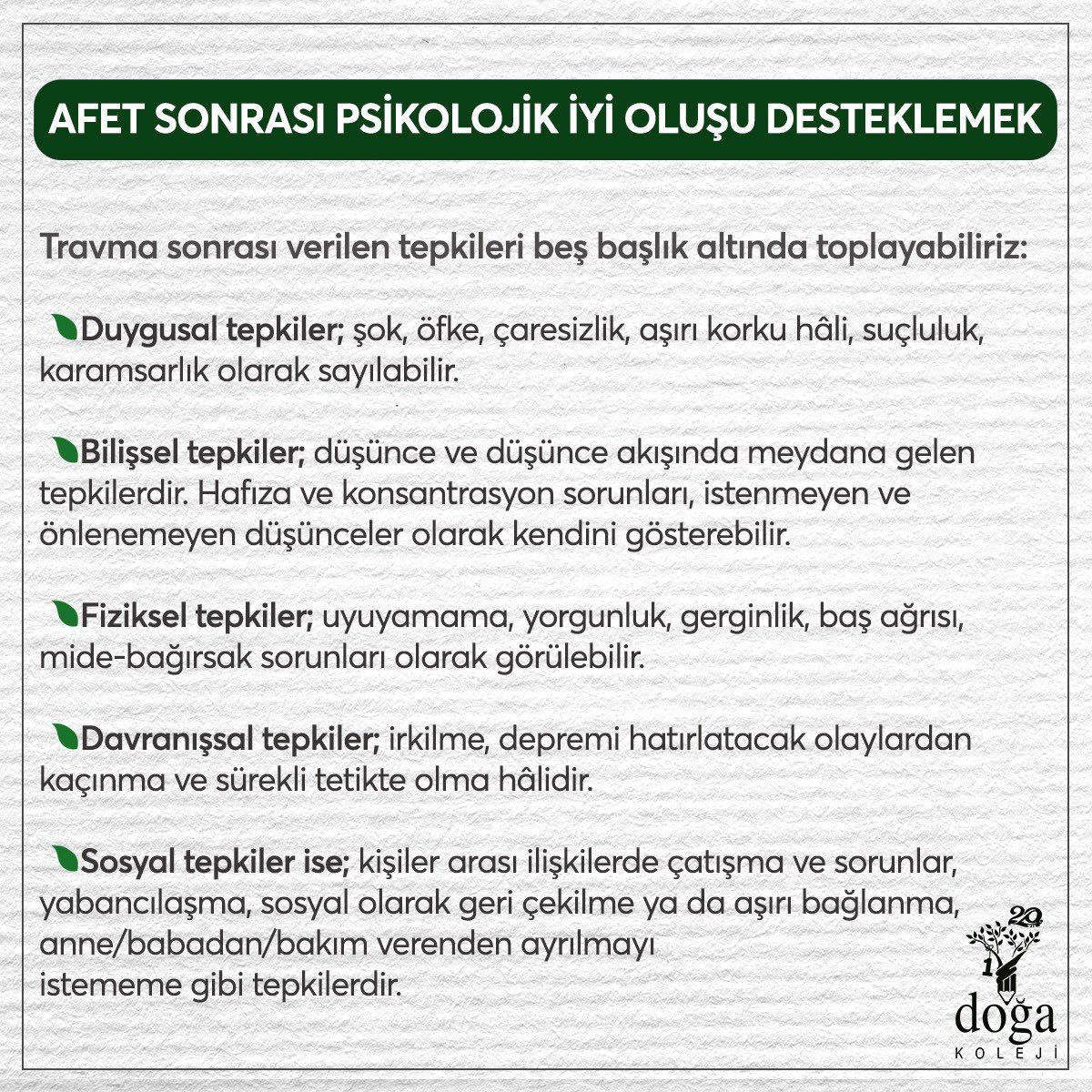DogaOkullari's tweet photo. Doğa Koleji Rehberlik Bölüm Başkanlarımız ve İstanbul Bilgi Üniversitesi Sağlık Bilimleri Fakültesi Dekanı Prof. Dr. Zeynep Şimşek, Afet Sonrası Çocukların ve Yetişkinlerin Psikolojik İyi Oluşunu Desteklemek için önemli tavsiyelerde bulundu… https://t.co/sk89S88nIS