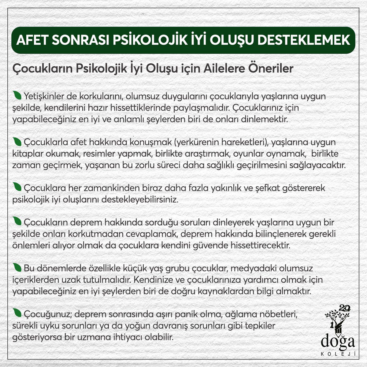 DogaOkullari's tweet photo. Doğa Koleji Rehberlik Bölüm Başkanlarımız ve İstanbul Bilgi Üniversitesi Sağlık Bilimleri Fakültesi Dekanı Prof. Dr. Zeynep Şimşek, Afet Sonrası Çocukların ve Yetişkinlerin Psikolojik İyi Oluşunu Desteklemek için önemli tavsiyelerde bulundu… https://t.co/sk89S88nIS