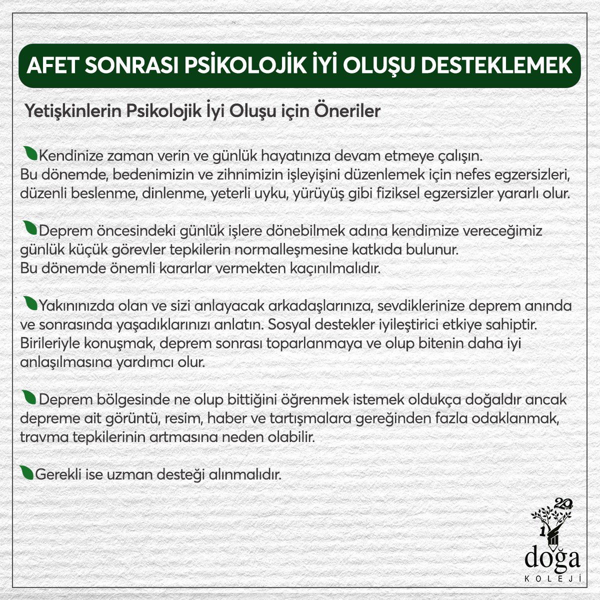 DogaOkullari's tweet photo. Doğa Koleji Rehberlik Bölüm Başkanlarımız ve İstanbul Bilgi Üniversitesi Sağlık Bilimleri Fakültesi Dekanı Prof. Dr. Zeynep Şimşek, Afet Sonrası Çocukların ve Yetişkinlerin Psikolojik İyi Oluşunu Desteklemek için önemli tavsiyelerde bulundu… https://t.co/sk89S88nIS
