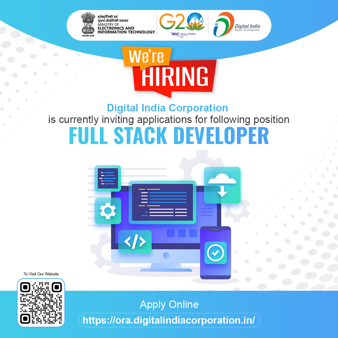 DigitalIndiaCrp's tweet photo. #VacancyCircular | Digital India Corporation is currently inviting applications for the position of ‘Full Stack Developer’ on Contract / Consolidated basis.
For further details, click here: https://t.co/HPm4KaiIJN
Apply Online: https://t.co/pAZ3xo3rlV https://t.co/IpCkHeL44r