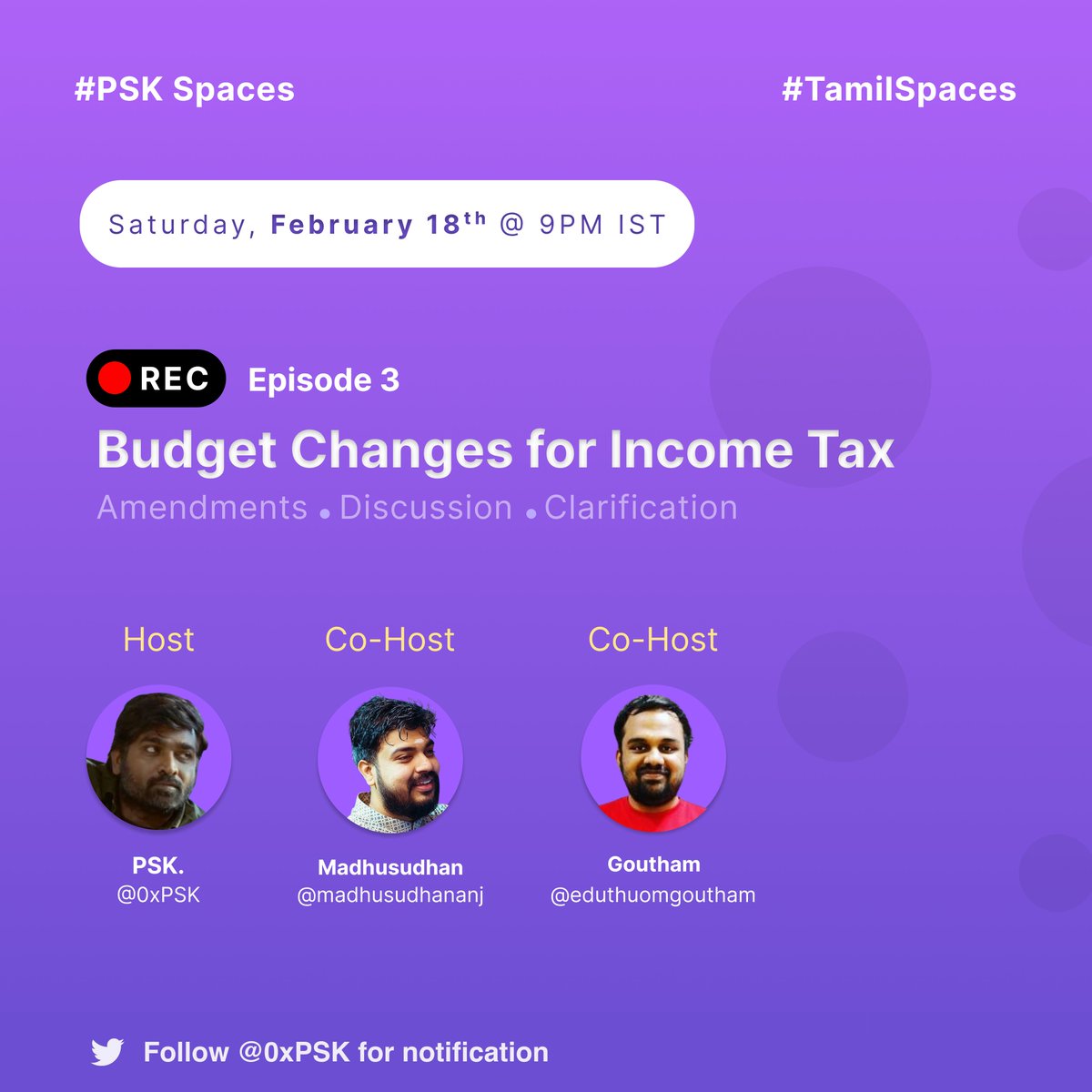 0xPSK's tweet photo. We're hosting a space about Income Tax Budget changes on February 18th
Budget Changes for Income Tax
#PSKSpaces: Episode 3
Saturday, February 18th, 9 PM IST
Set a reminder below
@TamilSpaces
@TamilSpaceViz
@madhusudhananj
@eduthuomgoutham
#Budget2023 #IncomeTax #TamilSpaces https://t.co/dGadzfS98o