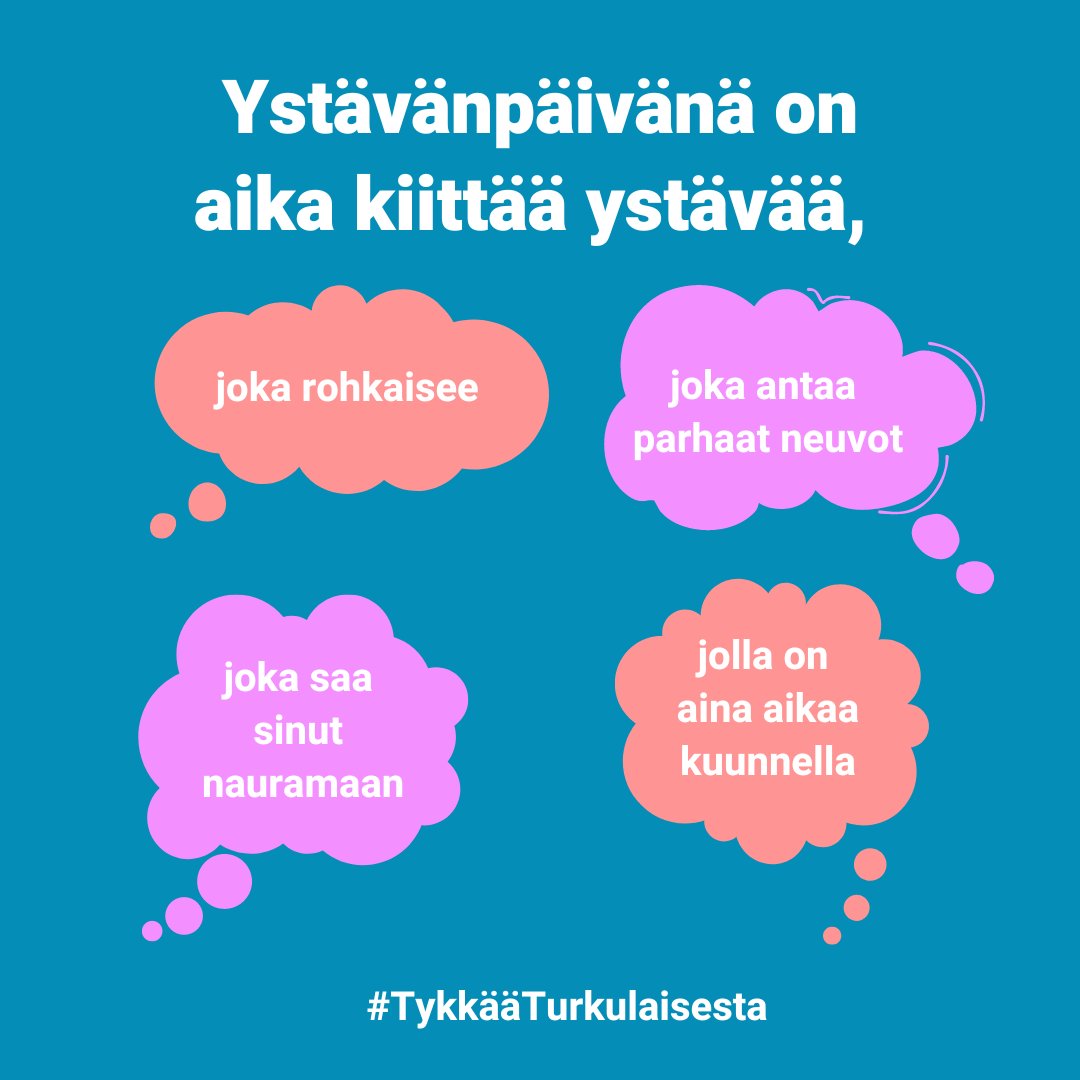 Ystävänpäivänä on myös aika kiittää läheisiä. 
Kuka rohkaisee sinua? Keneltä saat parhaimmat neuvot? Entä kuka saa sinut takuuvarmasti nauramaan? 
Laita hyvä kiertämään ja kiitä ystävääsi❣️
#TykkääTurkulaisesta <a href="/Turkukaupunki/">Turun kaupunki</a> <a href="/turunsrk/">Turun seurakunnat</a> <a href="/tukenasi/">Tukenasi ry</a> <a href="/LouhosDigital/">Louhos Digital</a> <a href="/Lahde_liike/">Lähde</a>