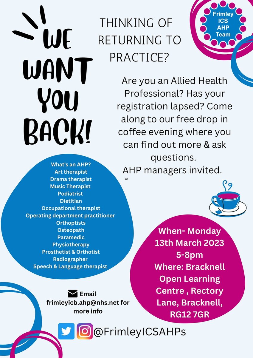 Are you an allied health professional thinking of returning to practice? If so, don't miss this upcoming evening on 13th March in #Bracknell to find out more about the process of coming back.

#AHP <a href="/FrimleyHC/">FrimleyHealth&CareICS</a>