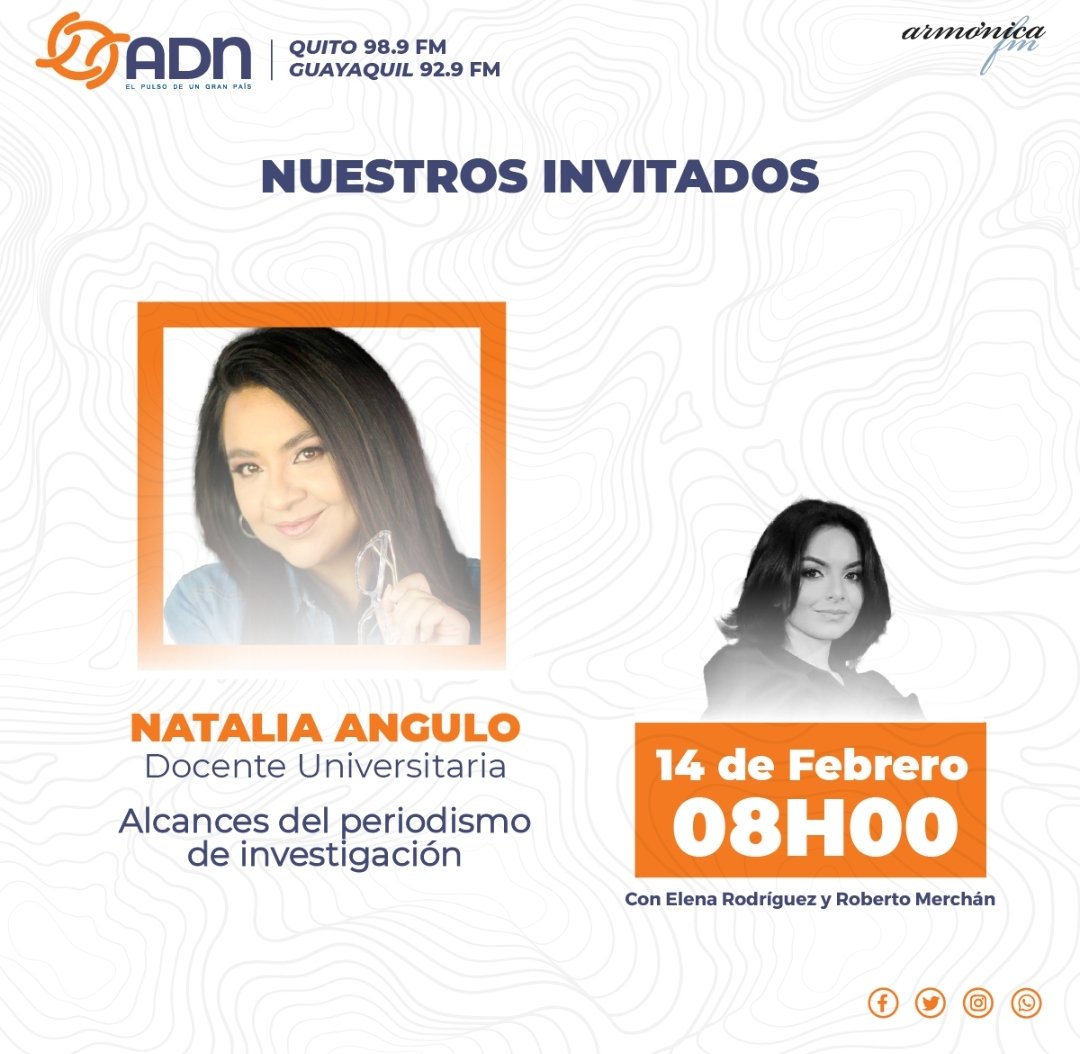 noticieroadn's tweet photo. La información, el análisis y las entrevistas en #ADNoticias.

Esta es nuestra agenda para este martes:
🔵 @LorenaBritoT, presidenta de CONAGOPARE
🔴 #NataliaAngulo, docente universitaria 

¡Los esperamos! https://t.co/dHQXmvRU6E