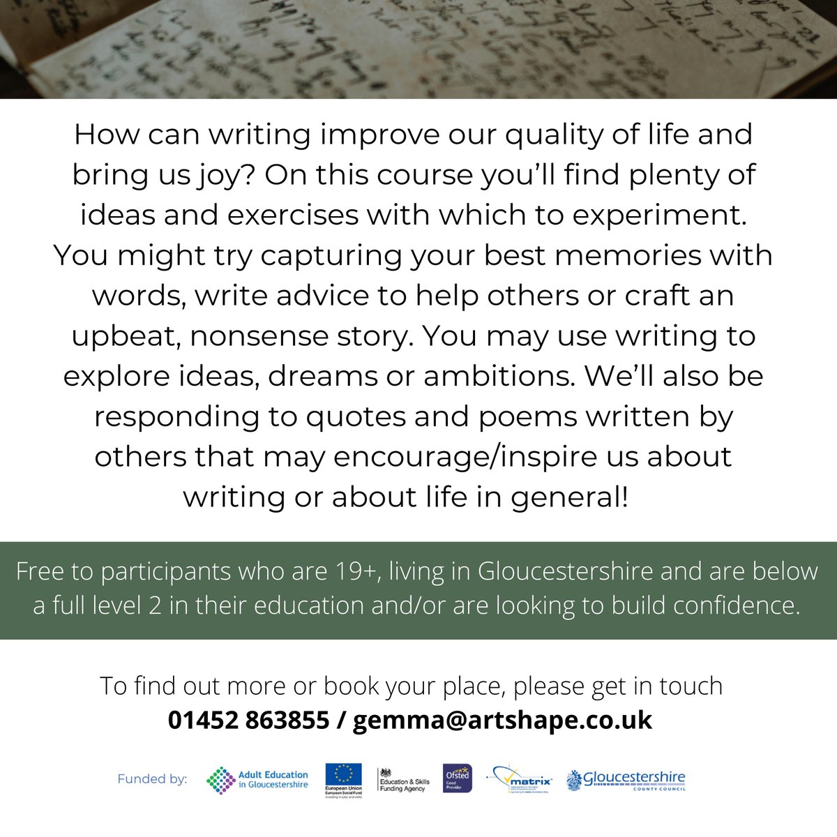 ArtShape's tweet photo. How can writing improve our quality of life and bring us joy? On this course you'll find plenty of ideas and exercises with which to experiment. #artshape #inclusivewriting #local #learnonline #glos #gloucestershire #writing #inclusivepoetry #wellbeing https://t.co/bUelXRIRsg