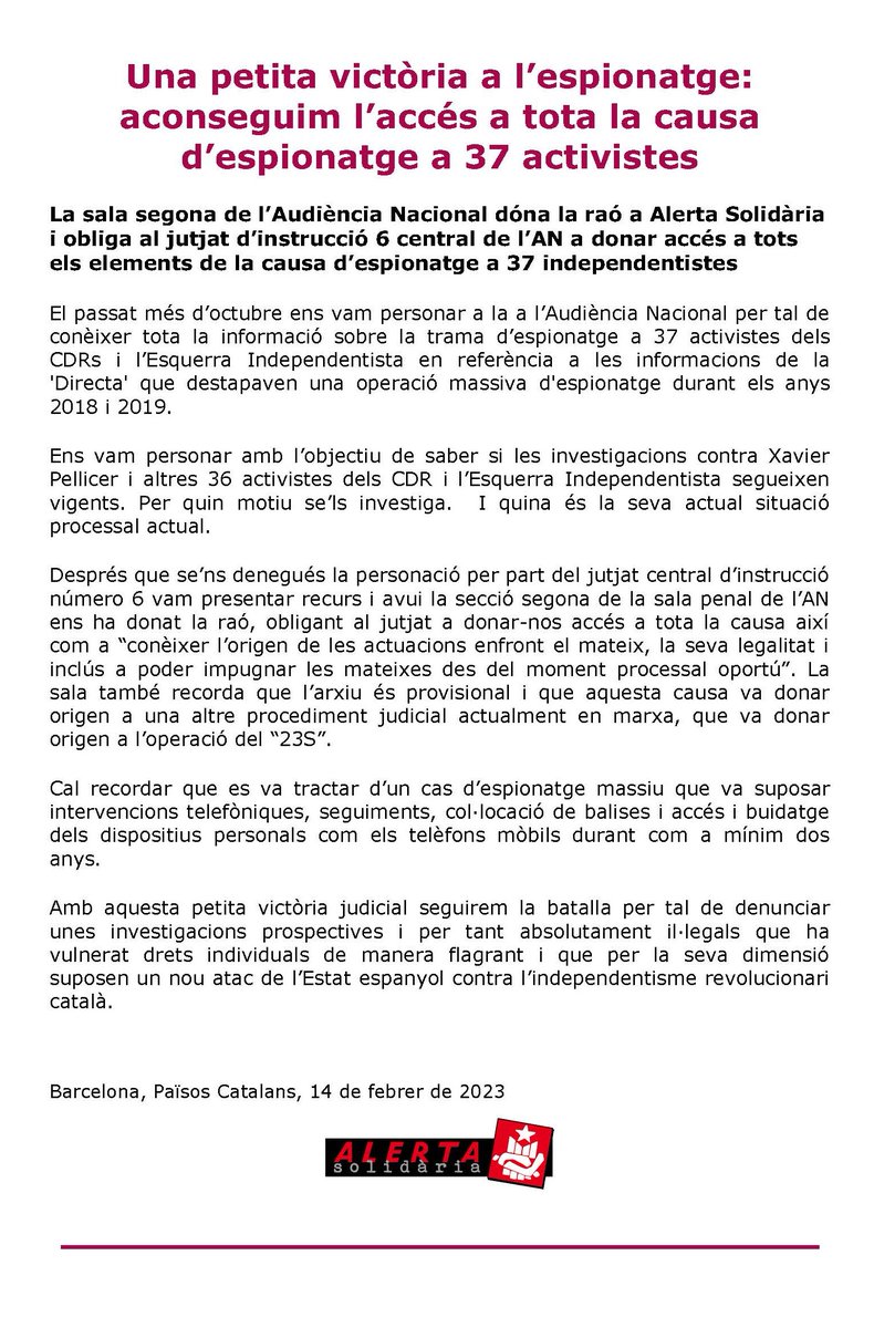 AlertaSolidaria's tweet photo. ⚠️Avui, hem rebut la resolució de la sala superior que, una vegada més, corregeix el jutge García Castellón i ens dona accés a tota la documentació

👉Els propers dies vindran amb sorpreses... 

No ens rendim, piquem fort, també als jutjats!
#EspionatgedEstat #ElPoderDeLaRosa https://t.co/El1laK3fDH