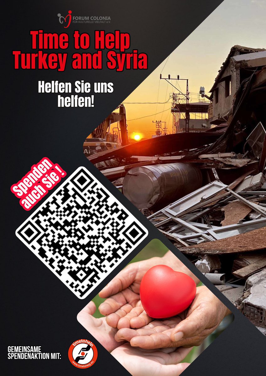 forumcolonia's tweet photo. Forum Colonia und Time to Help organisieren eine Hilfsaktion. Wir bitten um Spenden für die Menschen in den betroffenen Regionen in der Türkei und in Syrien. Durch das Scannen des Barcodes gelangen Sie zur Spende.
•
•
•
#earthquake #erdbeben #türkei #syrien #spende #hilfe https://t.co/h69oIhrc0P