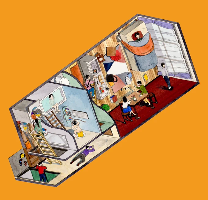 【abekobe house】どっちが壁?どっちが床?普段の世界があべこべになったお家。個展[house]にて5点の新作の展示と販売と、映画「湯道」のイラストをはじめとした図解作品の展示を行います。2/21～26 12:00~20:00(26のみ12:00~17:00)at ギャラリールモンド(21・23・25・26在廊) 