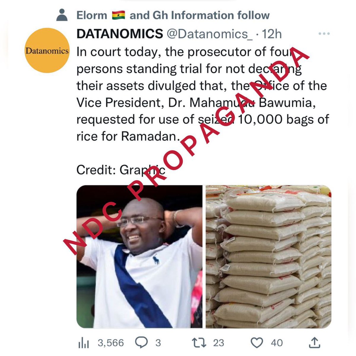 BawumiaCampaign's tweet photo. Ignore this nonsense from the NDC. VP Bawumia continues to be a torn in their flesh! 

#UnblemishedDMB https://t.co/z0AfONcFIg