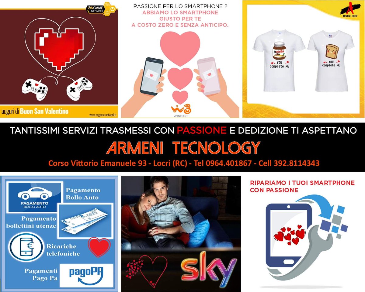 🤩  Da ARMENI TECNOLOGY ti aspettano tanti servizi, tante opportunità, tante promozioni, tutte erogate con passione.
😍  Buon San Valentino a tutti i cuori.