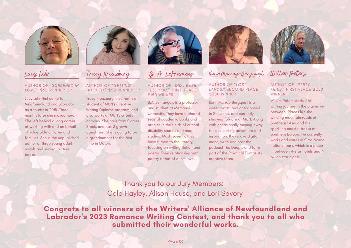 WritersNL's tweet photo. Our 2023 Romance Writing Contest Winners are
🏅 Runner Up: "Screeched in Love” – Lucy Lehr
🏅 Runner Up: “Getting Hitched” by Tracy Kreuzberg 
🥉 3rd: “Did I Ever Tell You” by B.A. LeFrançois 
 🥈 2nd: “Lost Lands” by Karin Murray-Bergquist 
🥇 1st: “Party Fries” by Willem Peters https://t.co/nTl11Un7DD
