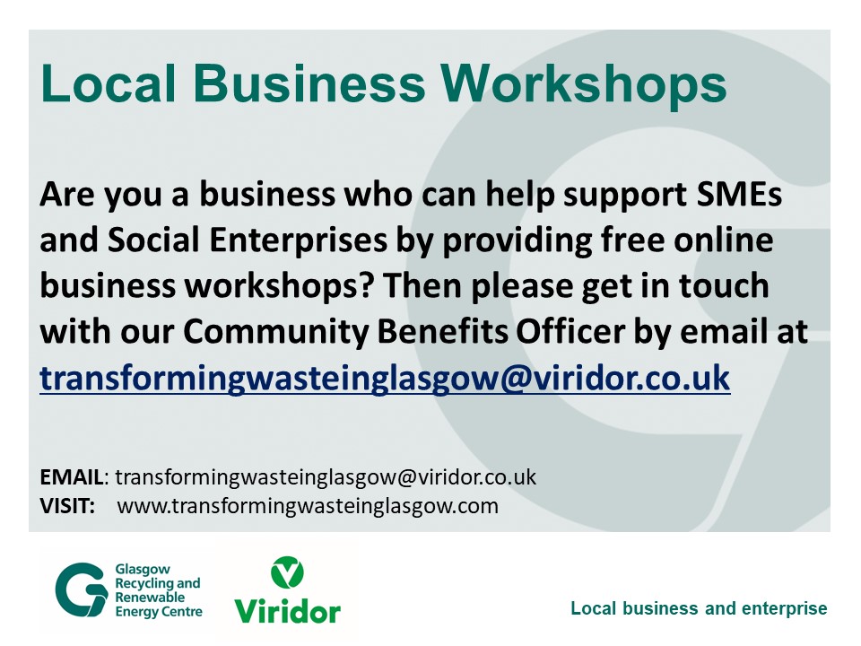 viridor_glasgow's tweet image. Viridor #GRREC will shortly be advertising our new FREE online business workshops 2023, for SMEs &amp;amp; SEs, on our website.  If you want to get involved in delivering or attending workshops for our SMEs &amp;amp; SEs, please get in touch. #Communitysupport #Supportforbusiness  @ViridorUK