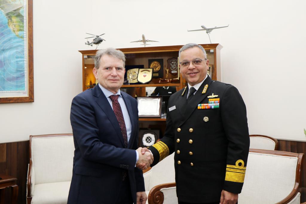 indiannavy's tweet photo. VAdm Rajesh Pendharkar, DGNO  interacted with Amb @MichaelPulchEU, EU’s Senior Coordinator for Coordinated Maritime Presence #14Feb 23 at New Delhi. The discussions highlighted shared commitment for collaborative approach towards effective #maritimesecurity in the global commons. https://t.co/UbpHfTQpx7