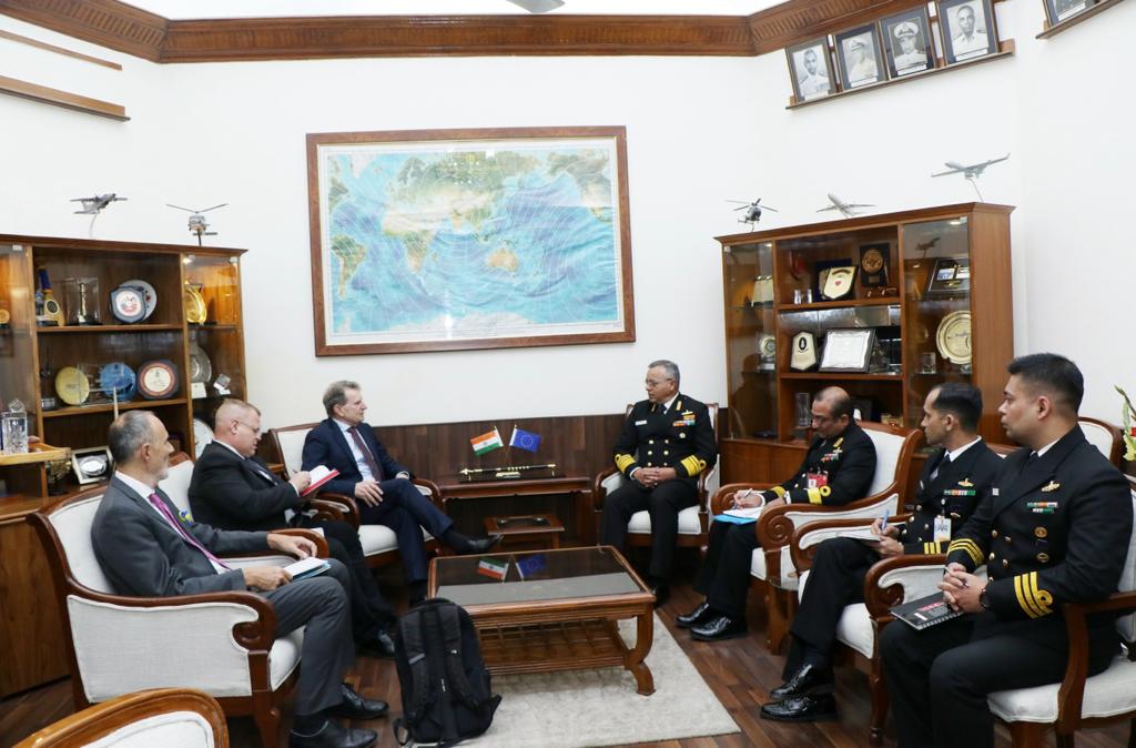 indiannavy's tweet photo. VAdm Rajesh Pendharkar, DGNO  interacted with Amb @MichaelPulchEU, EU’s Senior Coordinator for Coordinated Maritime Presence #14Feb 23 at New Delhi. The discussions highlighted shared commitment for collaborative approach towards effective #maritimesecurity in the global commons. https://t.co/UbpHfTQpx7