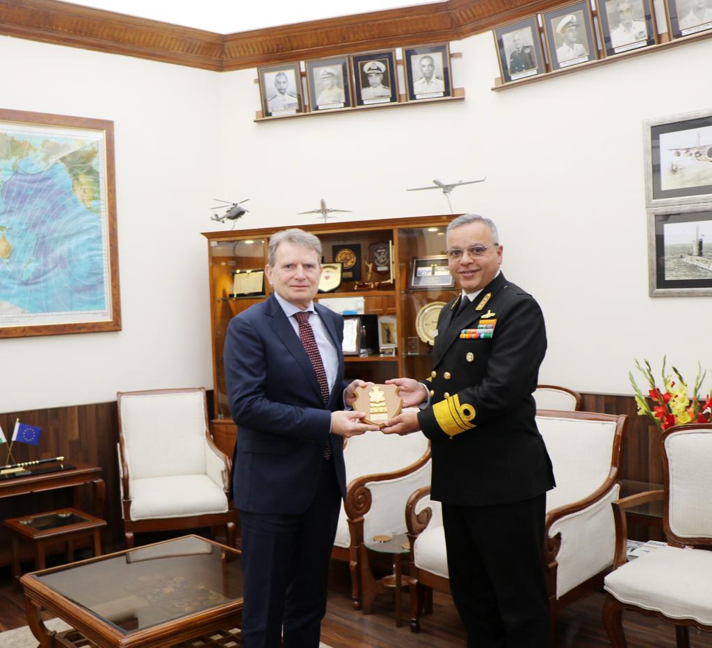 indiannavy's tweet photo. VAdm Rajesh Pendharkar, DGNO  interacted with Amb @MichaelPulchEU, EU’s Senior Coordinator for Coordinated Maritime Presence #14Feb 23 at New Delhi. The discussions highlighted shared commitment for collaborative approach towards effective #maritimesecurity in the global commons. https://t.co/UbpHfTQpx7