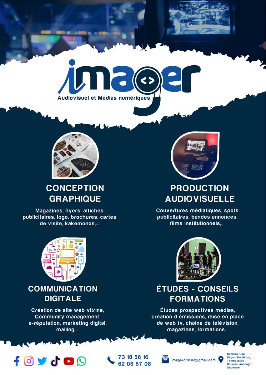 ImagerMali's tweet photo. Bonjour ! Pour tous vos besoins en couverture médiatique, bande annonce, spot publicitaire à diffuser sur @AlafiaTv @ortm7 @JolibaTV_FM @AFRICABLE_TV Renouveau TV, @CheriflaTV etc. Contactez-nous au 62 08 67 08 ou au 73 18 56 16 ! https://t.co/ub4hbqwEwl