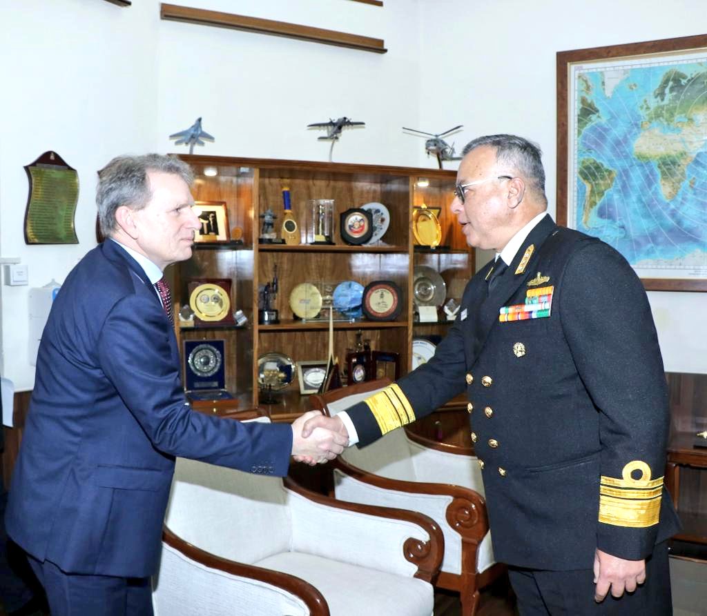 indiannavy's tweet photo. VAdm Rajesh Pendharkar, DGNO  interacted with Amb @MichaelPulchEU, EU’s Senior Coordinator for Coordinated Maritime Presence #14Feb 23 at New Delhi. The discussions highlighted shared commitment for collaborative approach towards effective #maritimesecurity in the global commons. https://t.co/UbpHfTQpx7