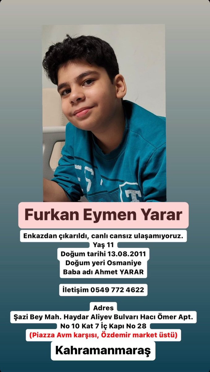 burlidd's tweet photo. arkadaşımın ailesi aradığı için paylaşıyorum. maraş’ta kayıp çocuğumuz var. bölgede bulunan yardımı dokunabilecek arkadaşlarımın çevresine iletmesini rica ediyorum. https://t.co/VWMpmSWskQ