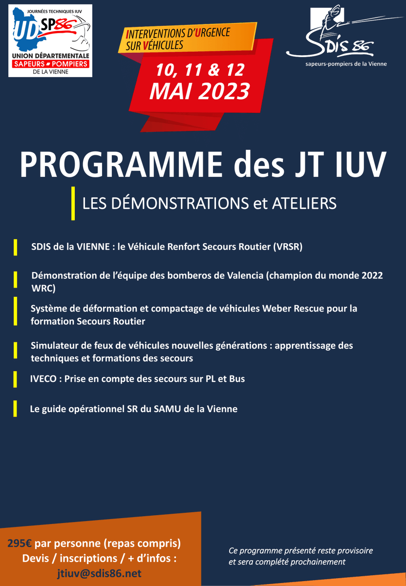 JTIUV86's tweet photo. [#Programme] les Journées techniques #IUV du 10 au 12 mai prochain c’est au 
@sdis86
. #SaveTheDate 
➡️ inscriptions 🔗 : https://t.co/7SIwC6EEaY https://t.co/gThWSy9DE8