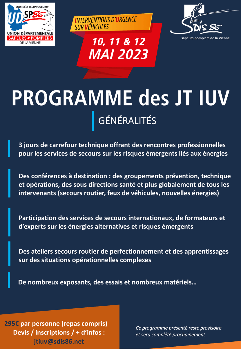 JTIUV86's tweet photo. [#Programme] les Journées techniques #IUV du 10 au 12 mai prochain c’est au 
@sdis86
. #SaveTheDate 
➡️ inscriptions 🔗 : https://t.co/7SIwC6EEaY https://t.co/gThWSy9DE8