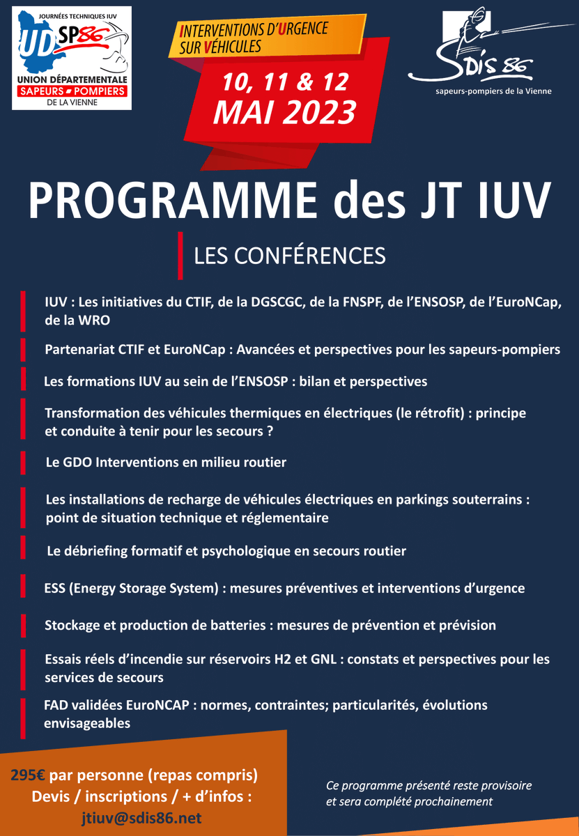 JTIUV86's tweet photo. [#Programme] les Journées techniques #IUV du 10 au 12 mai prochain c’est au 
@sdis86
. #SaveTheDate 
➡️ inscriptions 🔗 : https://t.co/7SIwC6EEaY https://t.co/gThWSy9DE8