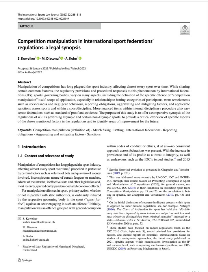 Our analysis of tennis, among other sports, seeing the highest instances of sanctioned manipulation across sports, published in <a href="/IntSportsLawJ/">International Sports Law Journal</a> (Dec '22, open access) available here 
 link.springer.com/article/10.100…