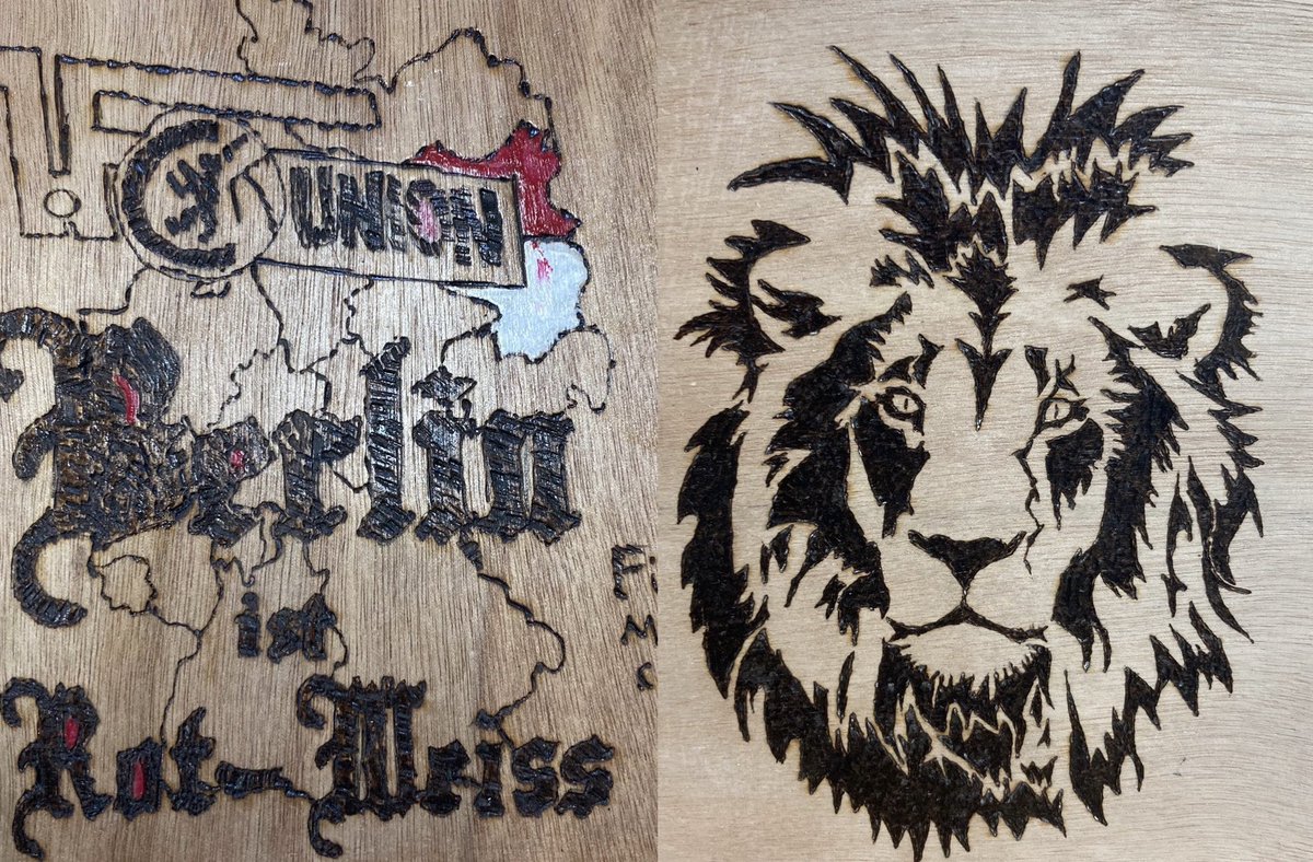 In der Holzwerkstatt der Jugendarrestanstalt Berlin-Brandenburg fertigen die Jugendlichen mit dem Lötkolben Bilder für zu Hause an, die Ergebnisse können sich durchaus sehen lassen…
<a href="/fcunion/">1. FC Union Berlin</a> #fcunion #unionberlin #lion