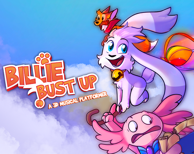 keyart for Billie Bust Up  - a 3d Musical Platformer. 3 characters are in the foreground with clouds in the background. 