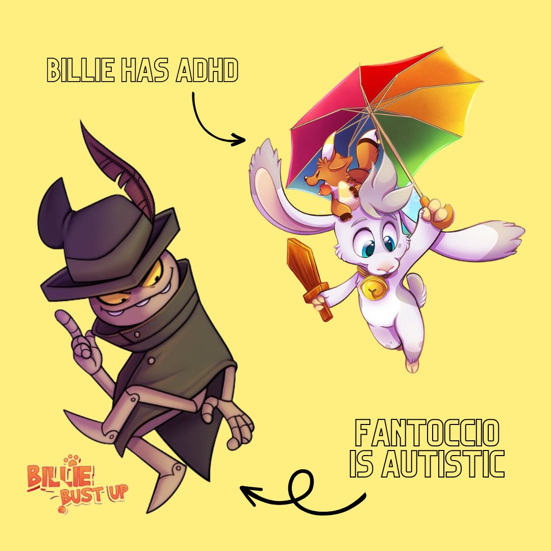 character design for Billie Bust Up - Fantoccio is Autistic. Billie has ADHD. 
